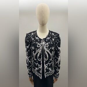 Andretta Donatello Silk Beaded Jacket Black White Embroidered Formal Size M